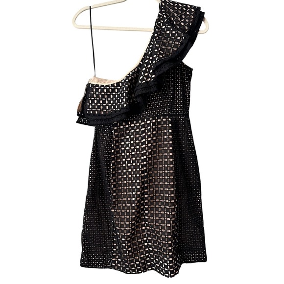 J. Crew Collection Black Eyelet One Shoulder Ruffle Mini Dress Size 4 Small - Picture 8 of 10